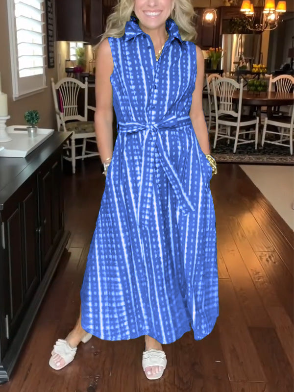 New🔥 Lapel Button Printed Waistband Dress