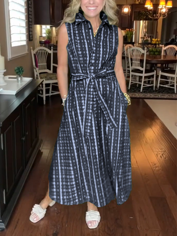 New🔥 Lapel Button Printed Waistband Dress