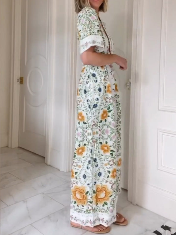 NEW🔥 V Neck Floral Elastic Waist Jumpsuit- Tax Free