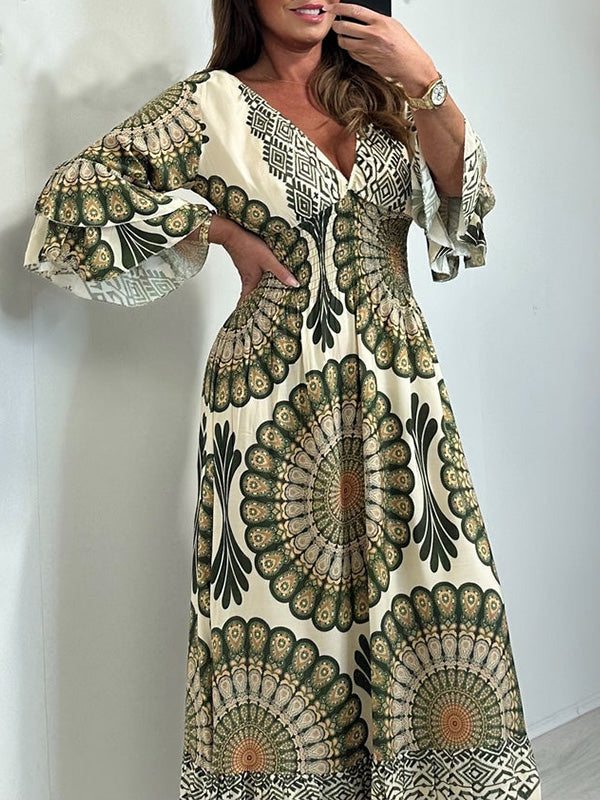 NEW🔥 V Neck Printed Flared Sleeve Elastic Waist Dress- Tax Free