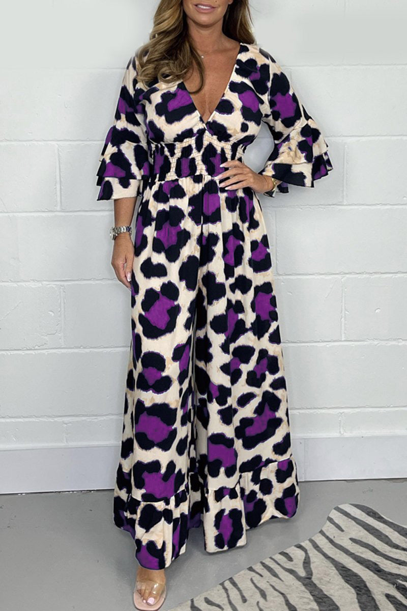 Hot Saleš„ Women's Leopard Print Elastic Waist Casual Wide Leg Jumpsuit