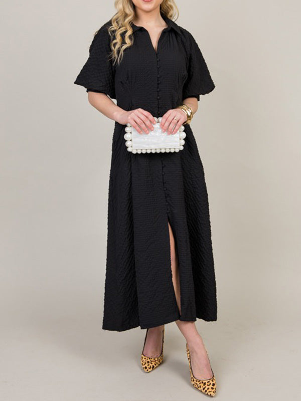 NEW🔥 Lapel Button Bubble Sleeve Cotton Linen Dress- Tax Free