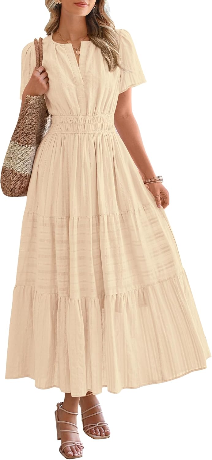 HOT SALE Womens Summer Lightweight Short Sleeve V Casual Midi Maxi Dresses