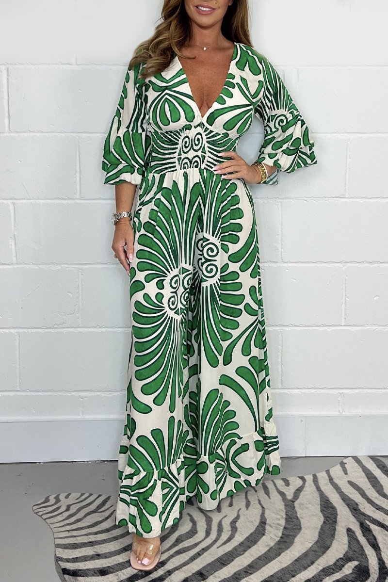 Hot Saleš„ Printed Elastic Waist Casual Wide Leg Jumpsuit