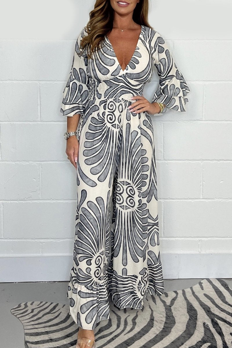 Hot Saleš„ Printed Elastic Waist Casual Wide Leg Jumpsuit