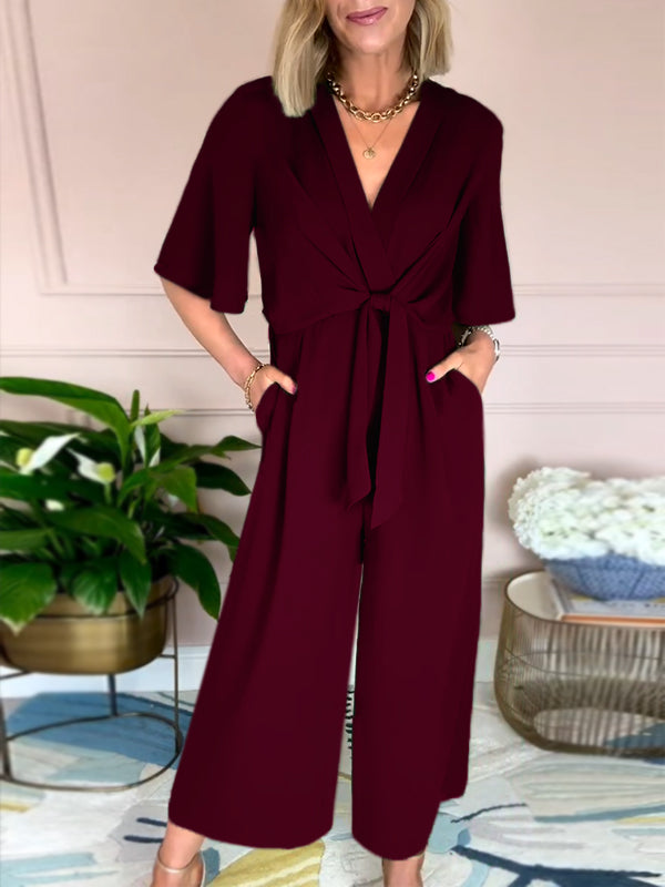 New🔥 V Neck Front Tie Jumpsuit- Tax Free