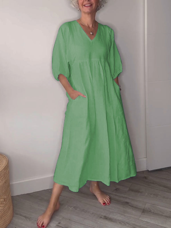 🔥Clearance Sale🔥 Women's Casual Fashion V-Neck Solid Color Mid-Length Sleeve Dress