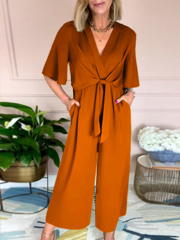 New🔥 V Neck Front Tie Jumpsuit- Tax Free