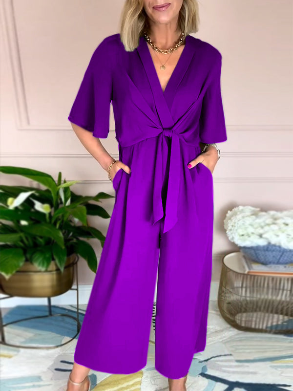 New🔥 V Neck Front Tie Jumpsuit- Tax Free