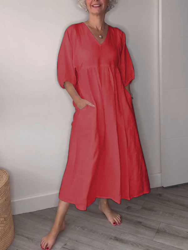 🔥Clearance Sale🔥 Women's Casual Fashion V-Neck Solid Color Mid-Length Sleeve Dress