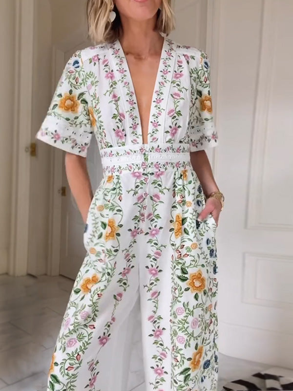 NEW🔥 V Neck Floral Elastic Waist Jumpsuit- Tax Free