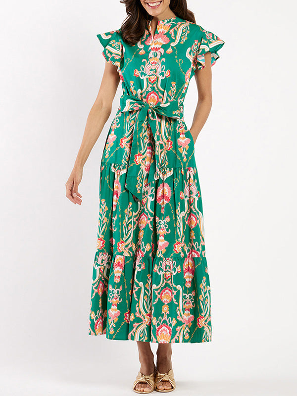 NEW🔥 Ruffle Button Tie Waist Printed Dress- Tax Free