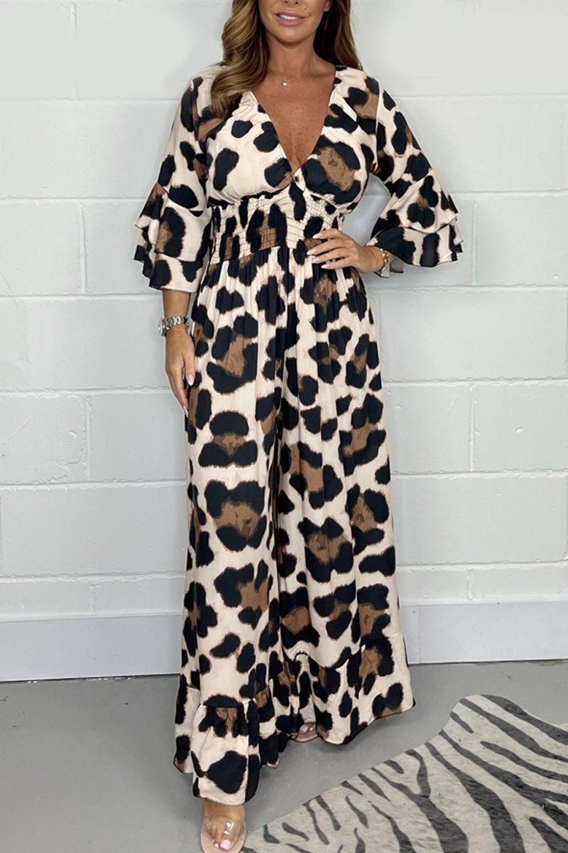 Hot Saleš„ Women's Leopard Print Elastic Waist Casual Wide Leg Jumpsuit