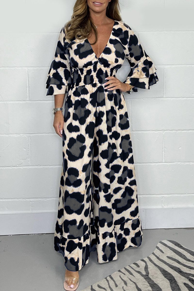 Hot Saleš„ Women's Leopard Print Elastic Waist Casual Wide Leg Jumpsuit
