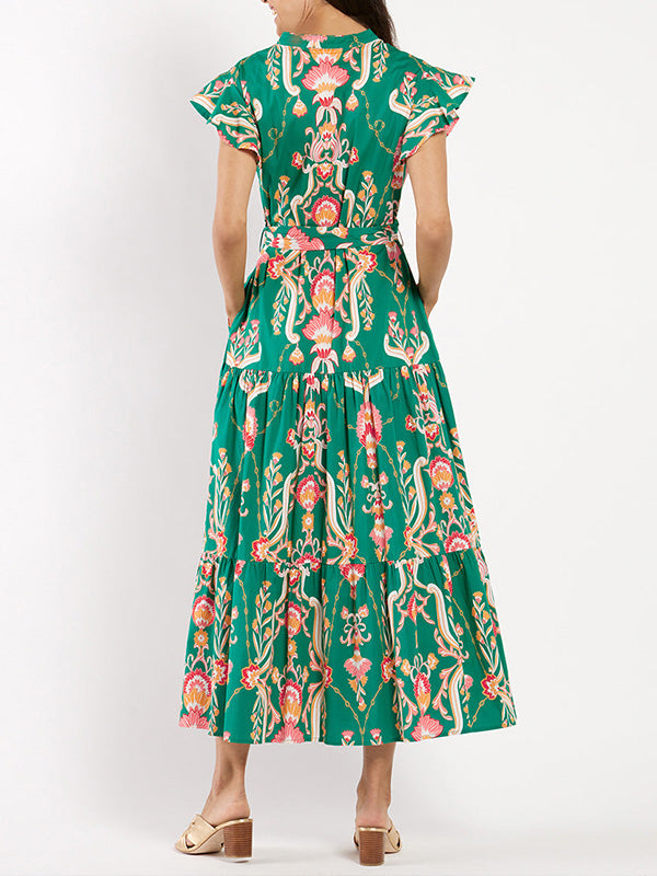 NEW🔥 Ruffle Button Tie Waist Printed Dress- Tax Free