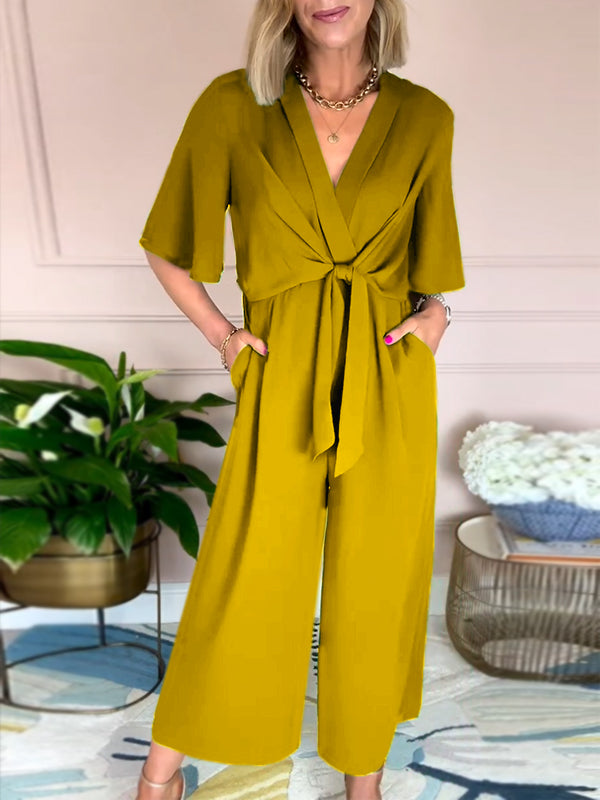 New🔥 V Neck Front Tie Jumpsuit- Tax Free