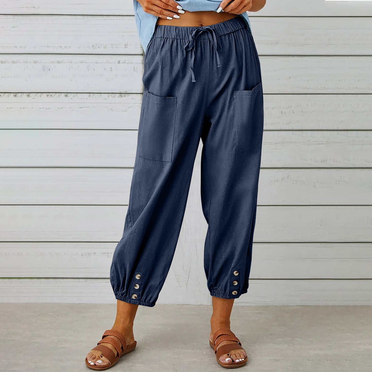 Women's pants High-waisted buttoned cotton hemp pants nine-point pants wide-legged