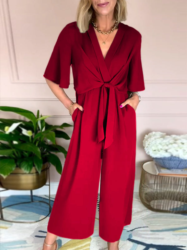 New🔥 V Neck Front Tie Jumpsuit- Tax Free