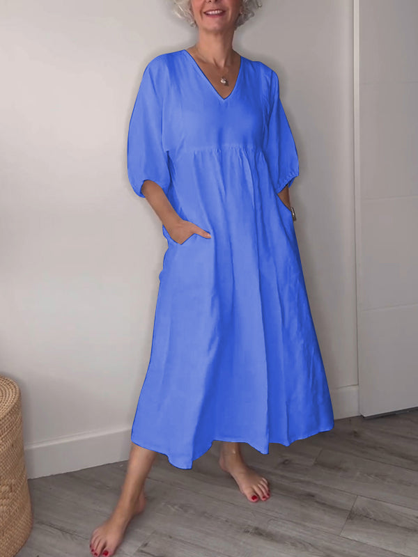 🔥Clearance Sale🔥 Women's Casual Fashion V-Neck Solid Color Mid-Length Sleeve Dress