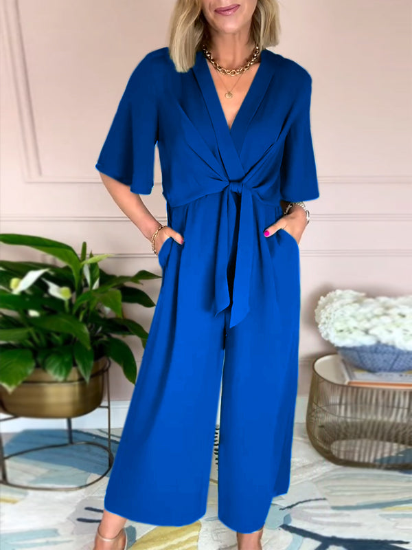 New🔥 V Neck Front Tie Jumpsuit- Tax Free