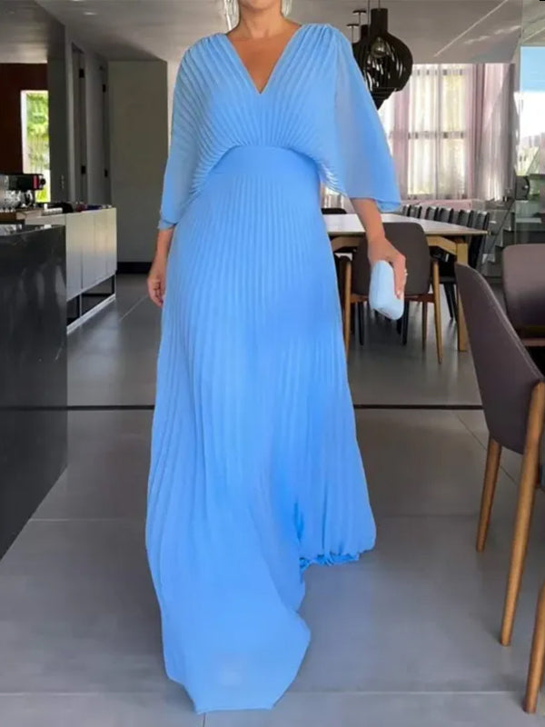 NEW🔥 V Neck Chiffon Back Tie Zipper Bat Sleeve Dress- Tax Free