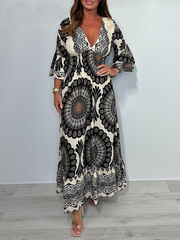 NEW🔥 V Neck Printed Flared Sleeve Elastic Waist Dress- Tax Free