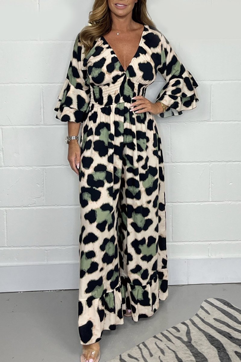 Hot Saleš„ Women's Leopard Print Elastic Waist Casual Wide Leg Jumpsuit