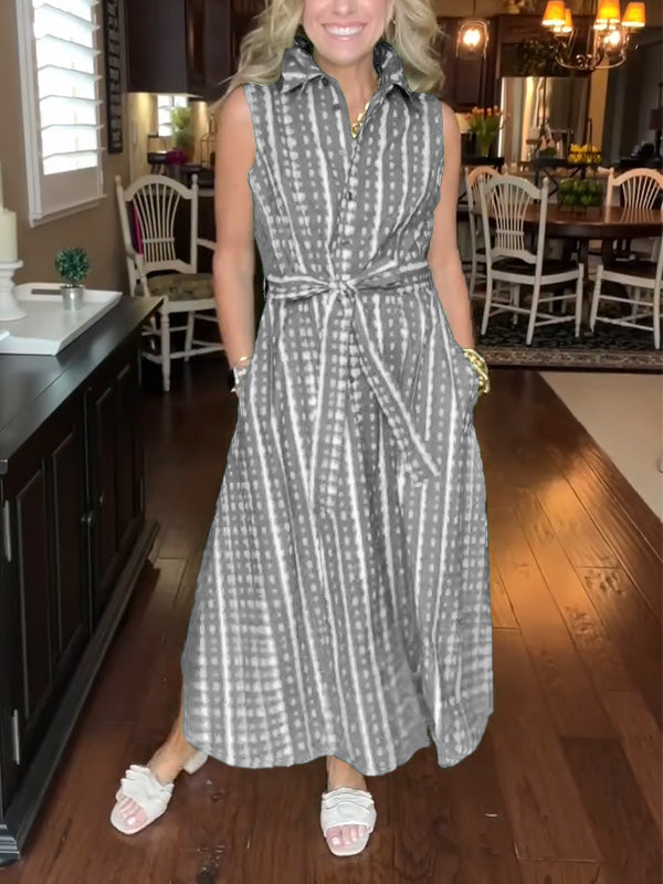 New🔥 Lapel Button Printed Waistband Dress