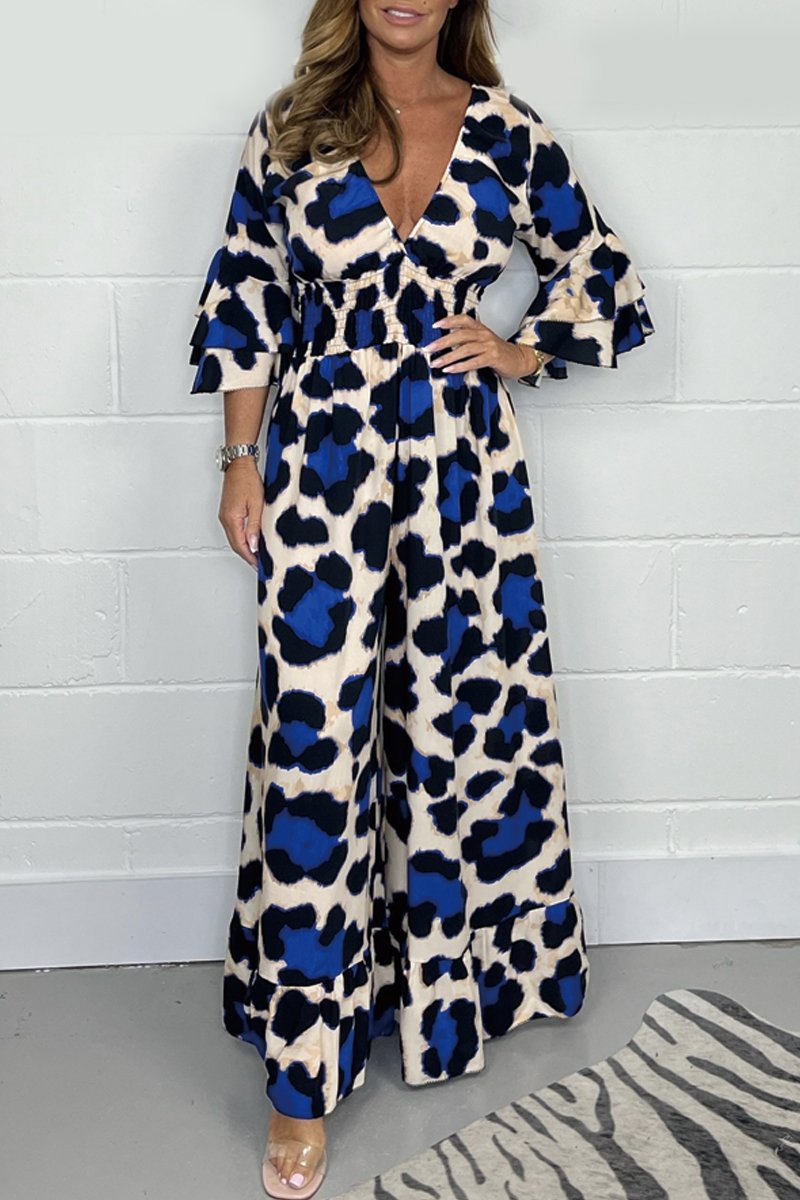 Hot Saleš„ Women's Leopard Print Elastic Waist Casual Wide Leg Jumpsuit
