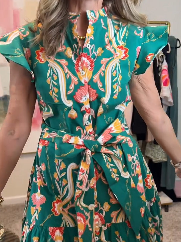 NEW🔥 Ruffle Button Tie Waist Printed Dress- Tax Free