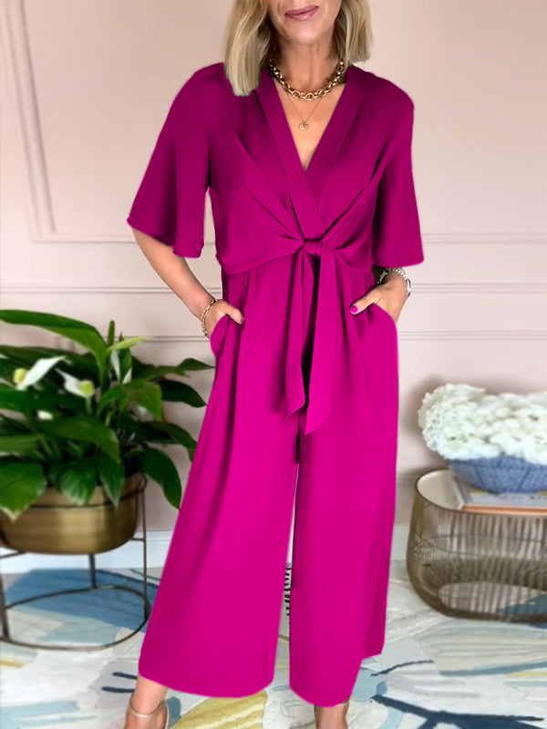 New🔥 V Neck Front Tie Jumpsuit- Tax Free