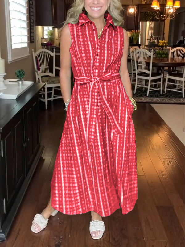 New🔥 Lapel Button Printed Waistband Dress