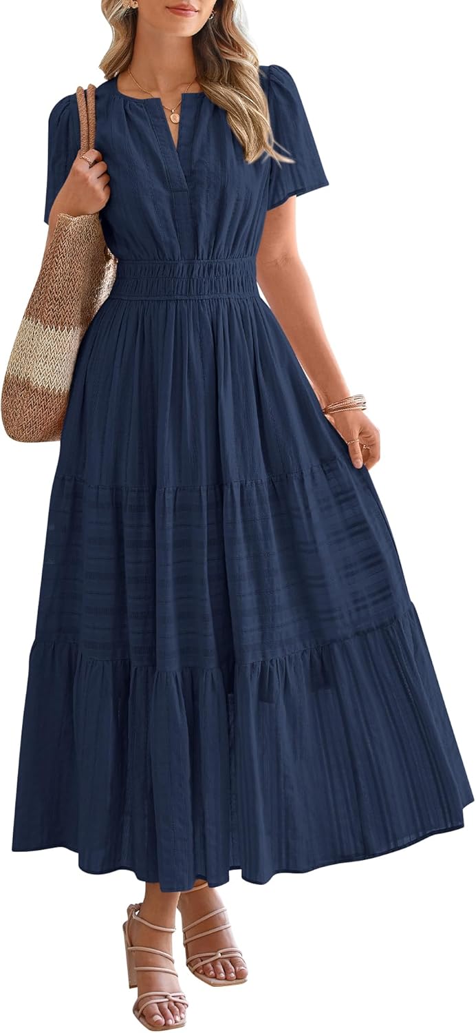 HOT SALE Womens Summer Lightweight Short Sleeve V Casual Midi Maxi Dresses