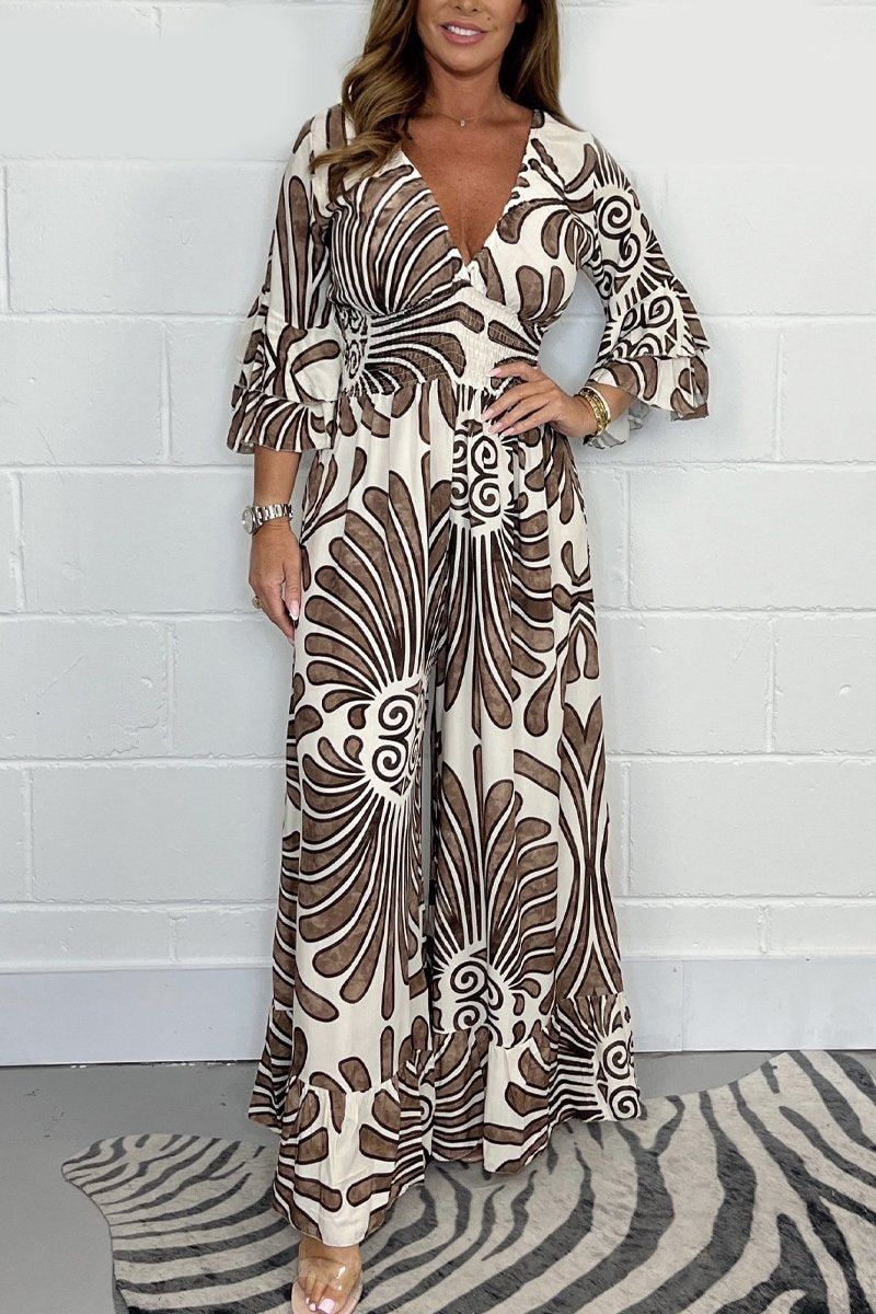 Hot Saleš„ Printed Elastic Waist Casual Wide Leg Jumpsuit