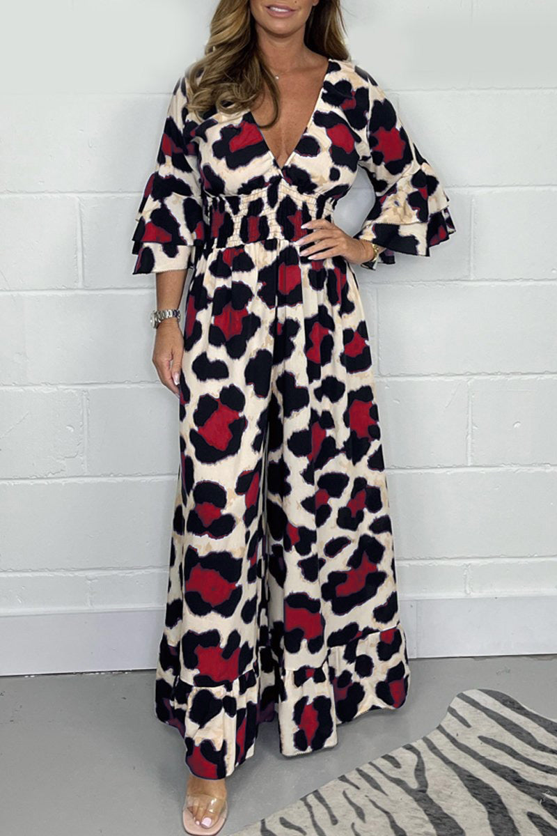 Hot Saleš„ Women's Leopard Print Elastic Waist Casual Wide Leg Jumpsuit