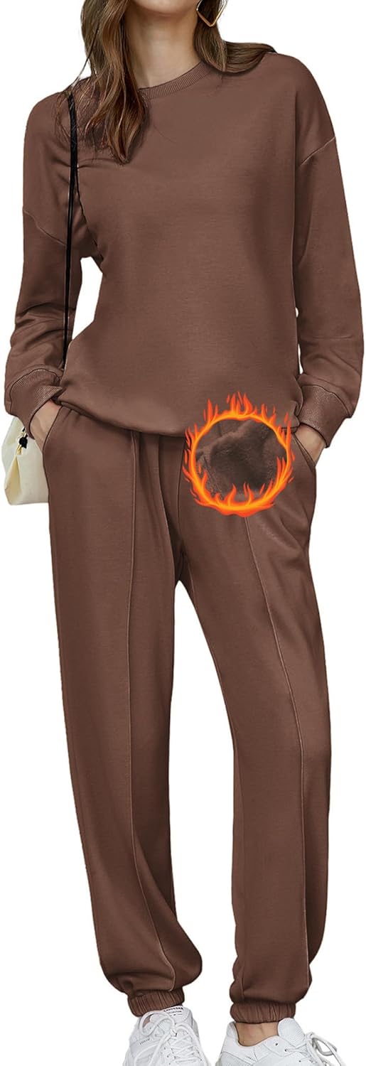 🎄Christmas Clearance🔥Women's Two-Piece Oversized Fleece Sweatsuit Outfit Winter Sherpa Lined Sweatshirt and Sweatpants Sets