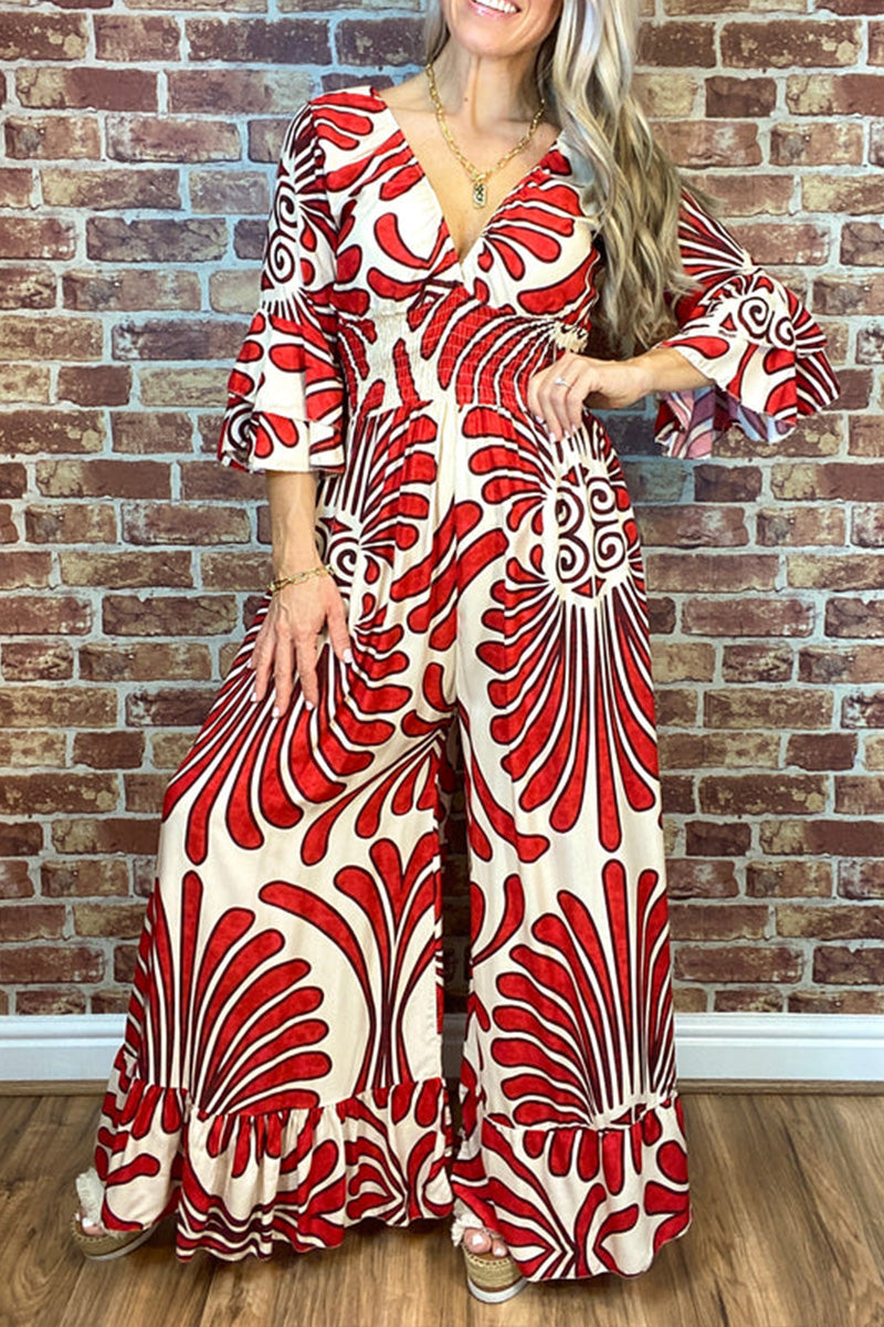 Hot Saleš„ Printed Elastic Waist Casual Wide Leg Jumpsuit
