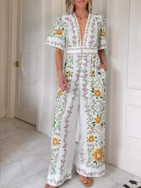 NEW🔥 V Neck Floral Elastic Waist Jumpsuit- Tax Free