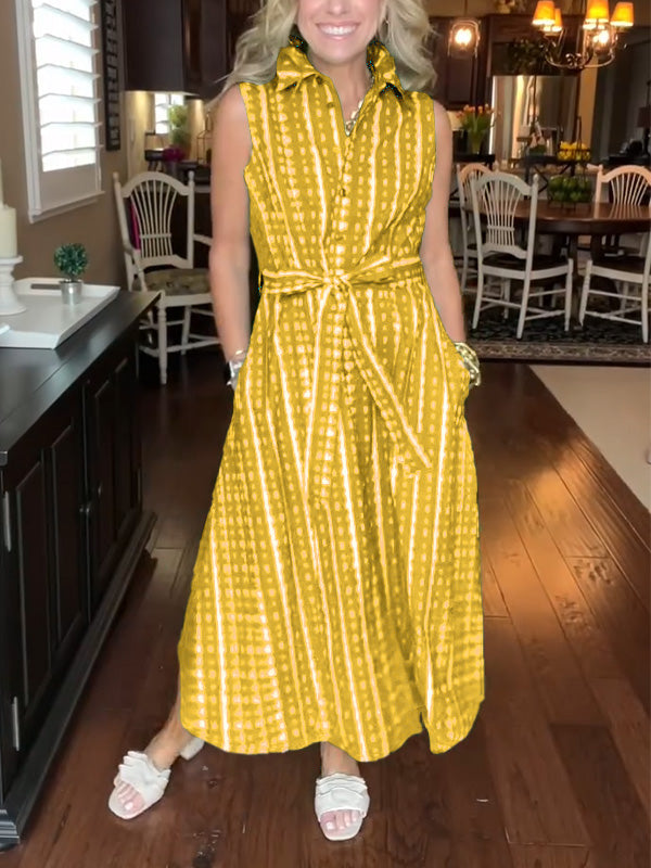 New🔥 Lapel Button Printed Waistband Dress