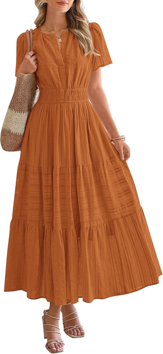 HOT SALE Womens Summer Lightweight Short Sleeve V Casual Midi Maxi Dresses