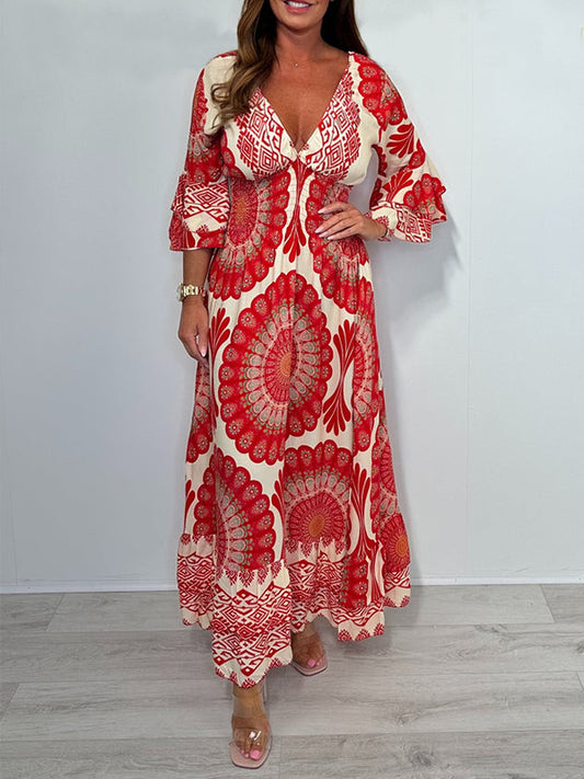 NEW🔥 V Neck Printed Flared Sleeve Elastic Waist Dress- Tax Free