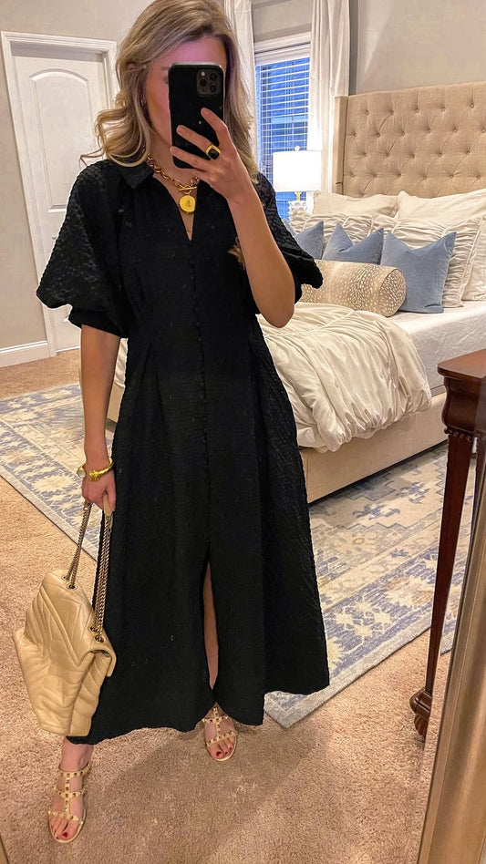 NEW🔥 Lapel Button Bubble Sleeve Cotton Linen Dress- Tax Free