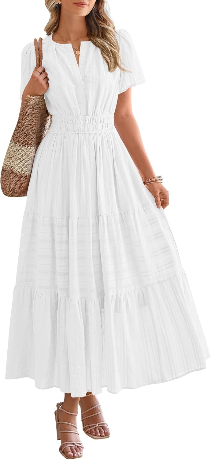 HOT SALE Womens Summer Lightweight Short Sleeve V Casual Midi Maxi Dresses