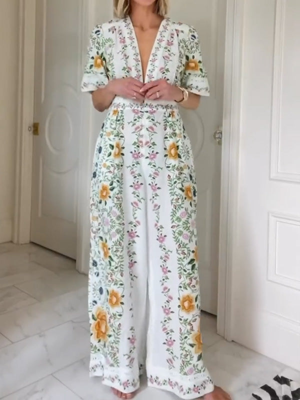 NEW🔥 V Neck Floral Elastic Waist Jumpsuit- Tax Free