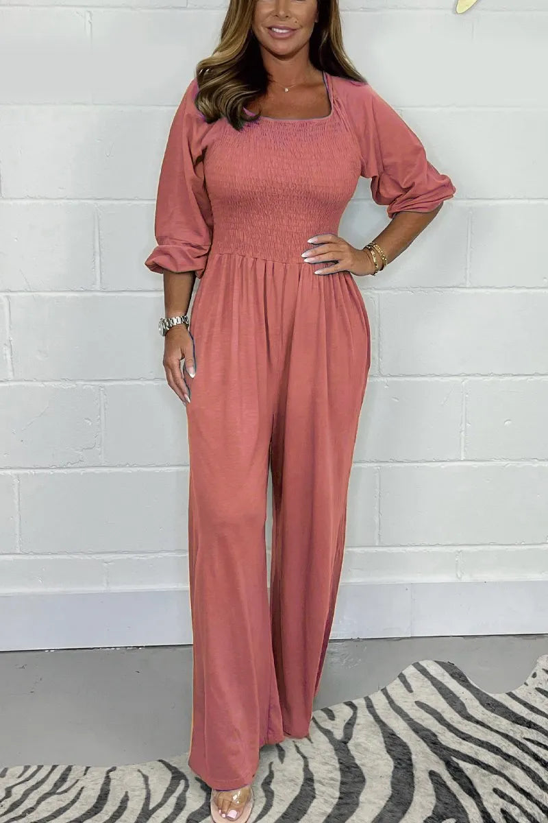 CLEARANCE🔥 Solid Color Long Sleeve Elastic Waist Wide Leg Jumpsuit