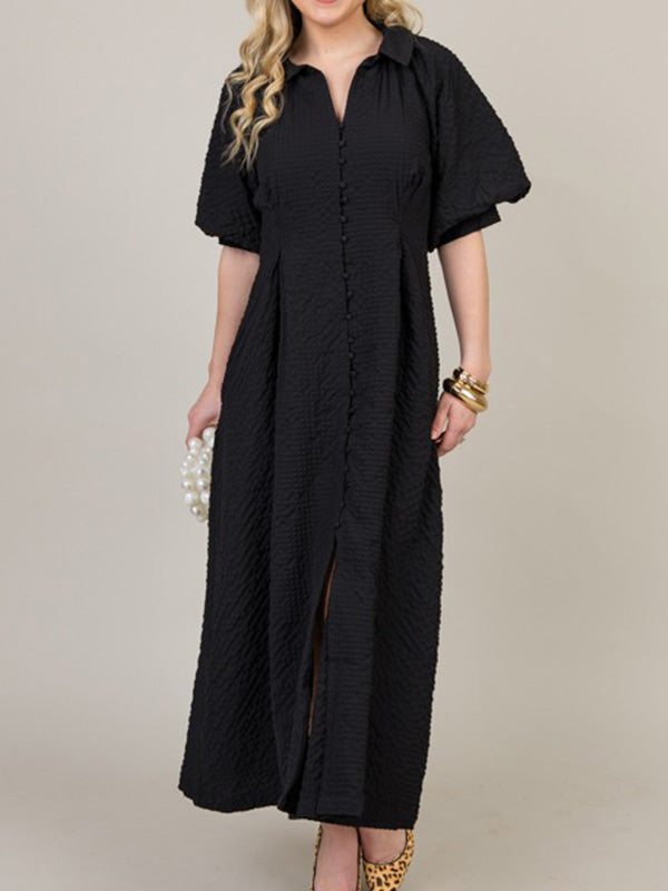 NEW🔥 Lapel Button Bubble Sleeve Cotton Linen Dress- Tax Free