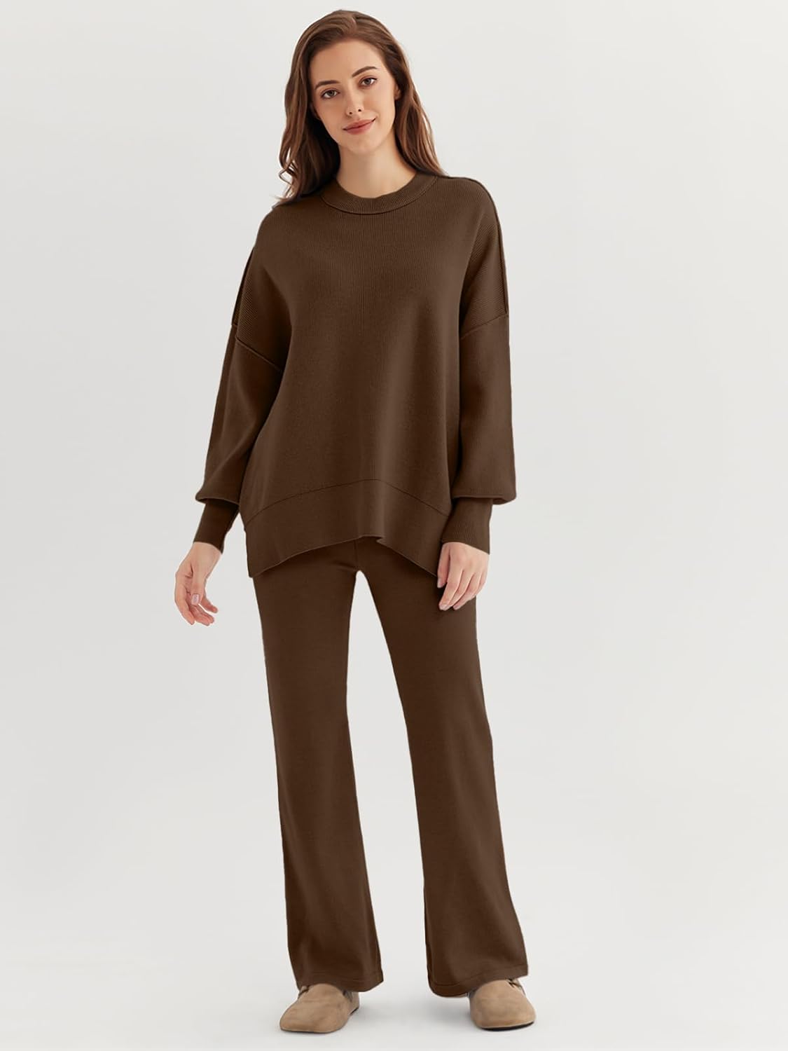 🎄Christmas Clearance 🔥Women 2 Piece Outfits Sweatsuit Sweater Sets Oversized Knit Pullover Tops Wide Leg Pants Lounge Set