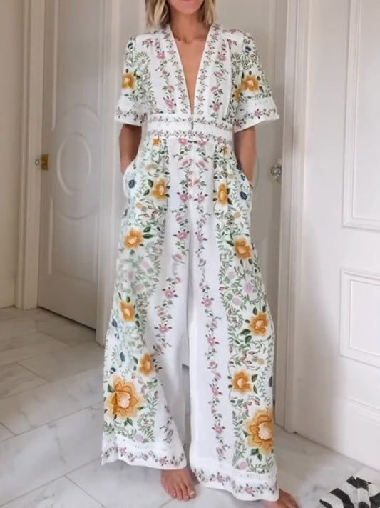 NEW🔥 V Neck Floral Elastic Waist Jumpsuit- Tax Free