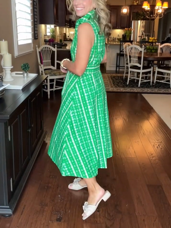 New🔥 Lapel Button Printed Waistband Dress