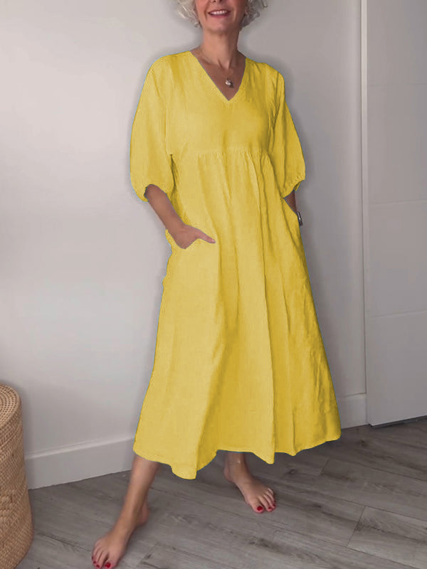 🔥Clearance Sale🔥 Women's Casual Fashion V-Neck Solid Color Mid-Length Sleeve Dress